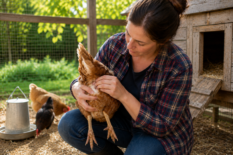 A poultry keeper checking for vent gleet in chickens