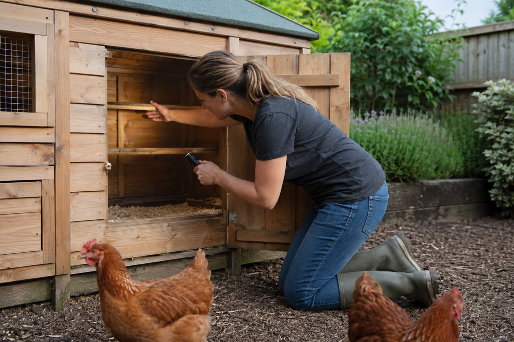 Woman checking for red mite in chicken coop