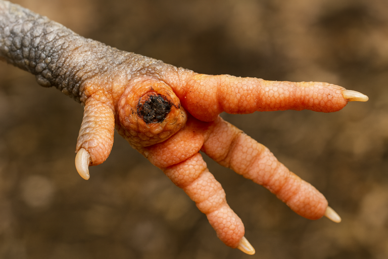 bumblefoot in chickens - an image showing a close up of an infected chicken's foot