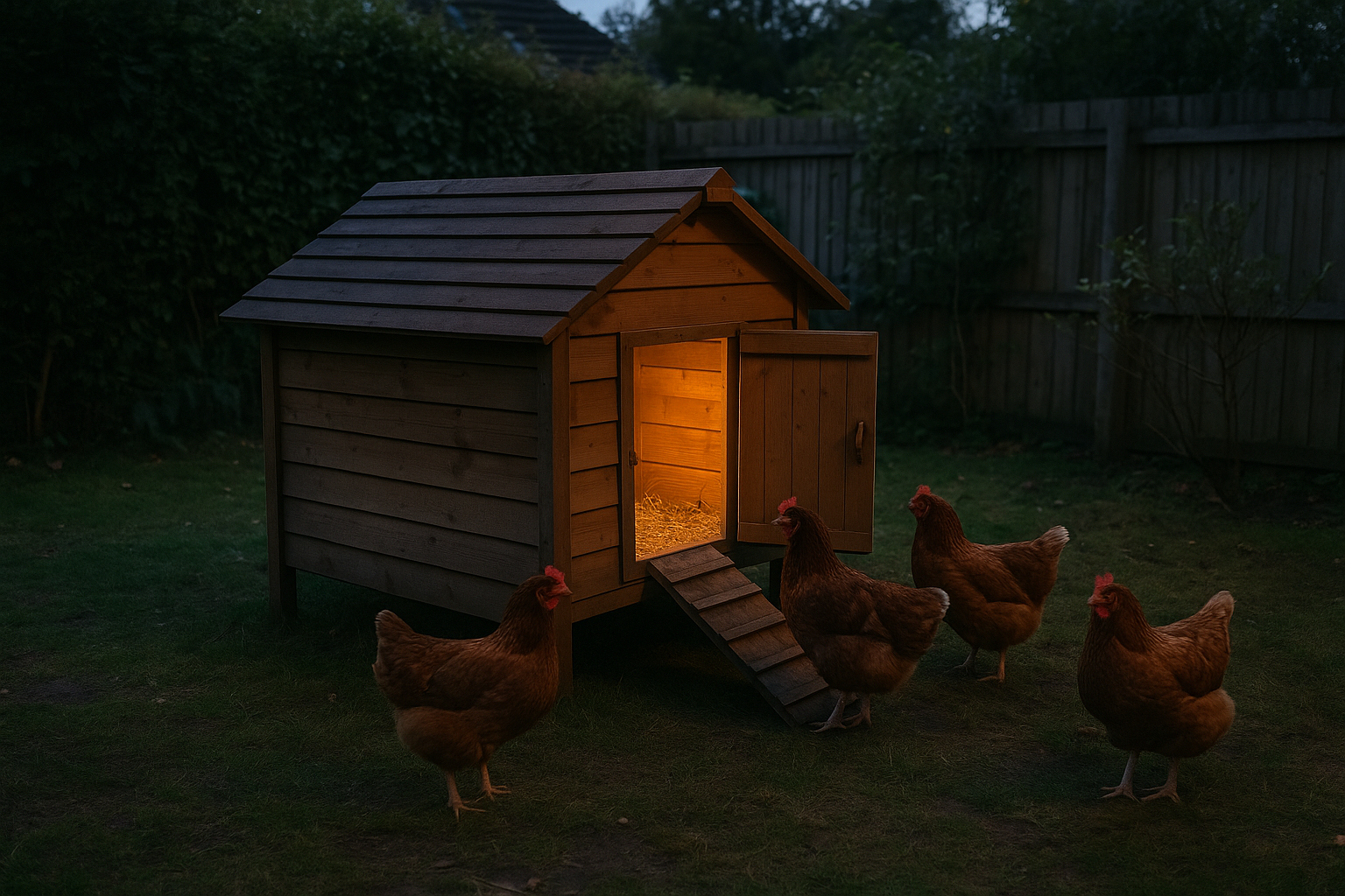 Why Won’t My Hens Go Into The Coop At Night? Hens in the dark, staring at the coop door, not wanting to enter.
