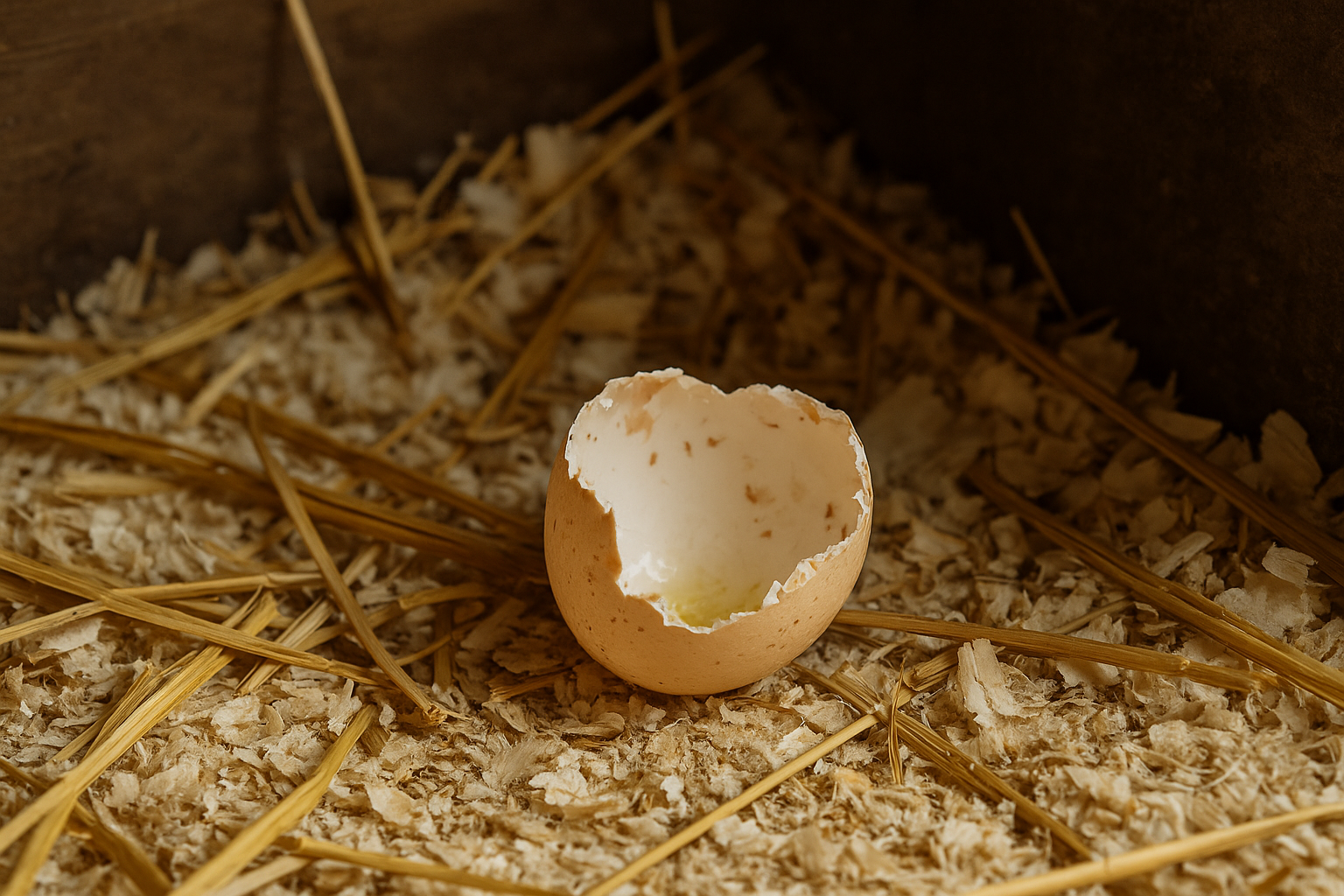 How to stop chickens eating eggs. An image of an empty eggshell inside a nesting box.