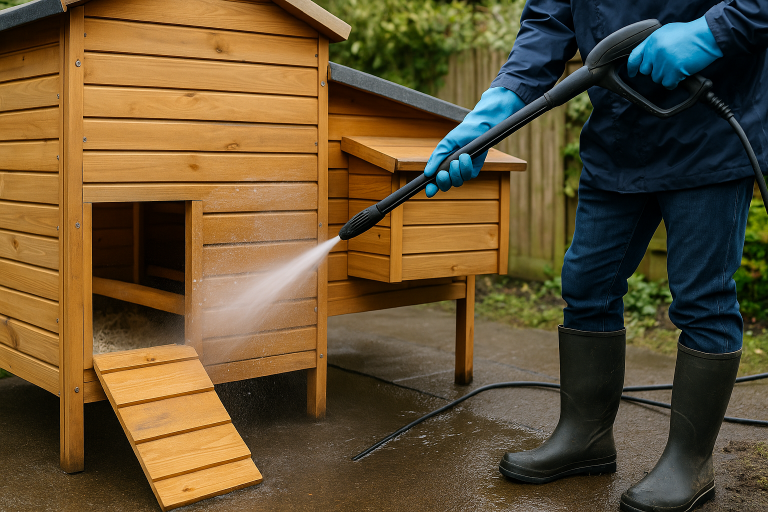 best thing for red mite in chicken coops. man jet washing a chicken coop.