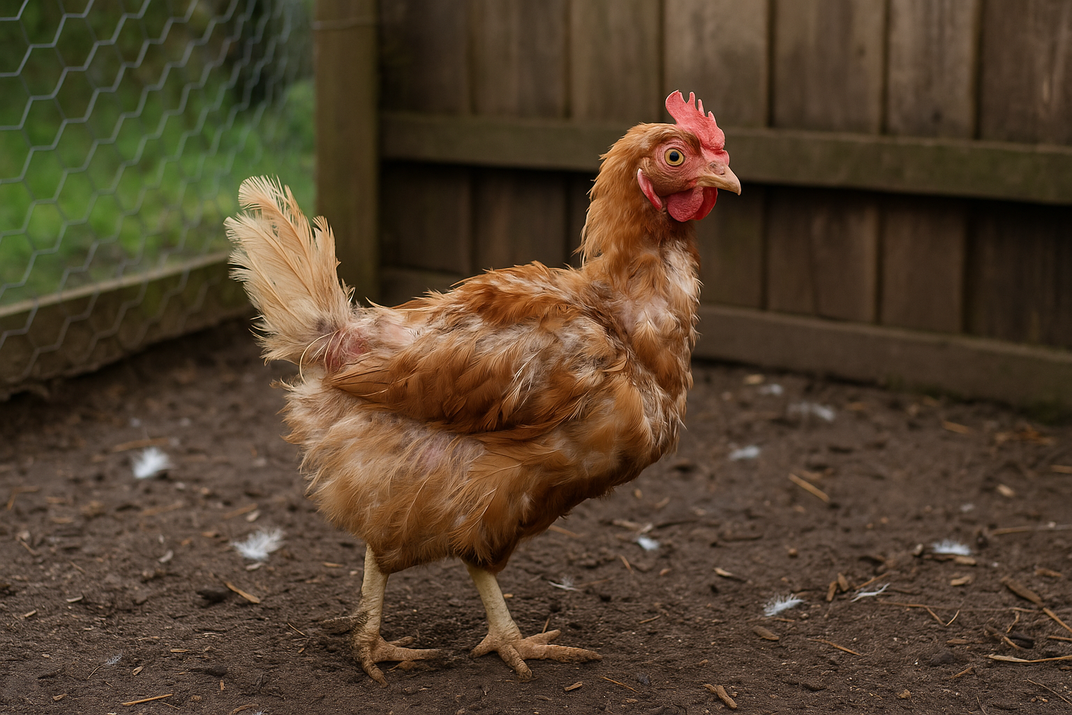 How to feed moulting chickens. Image of a moulting chicken in a chicken run with a few feathers on the floor and the coop in the background.