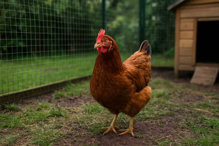 Newcastle disease in chickens. AN image of a healthy hen is a clean and well-protected run