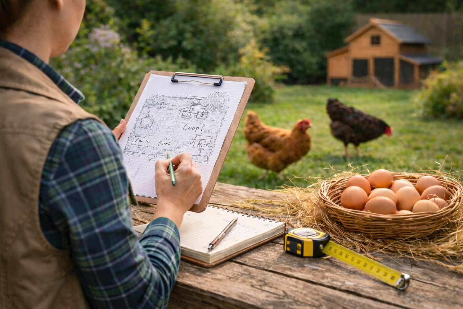 Best budget coops on amazon. Image of chicken keeper mapping out garden for a new coop.