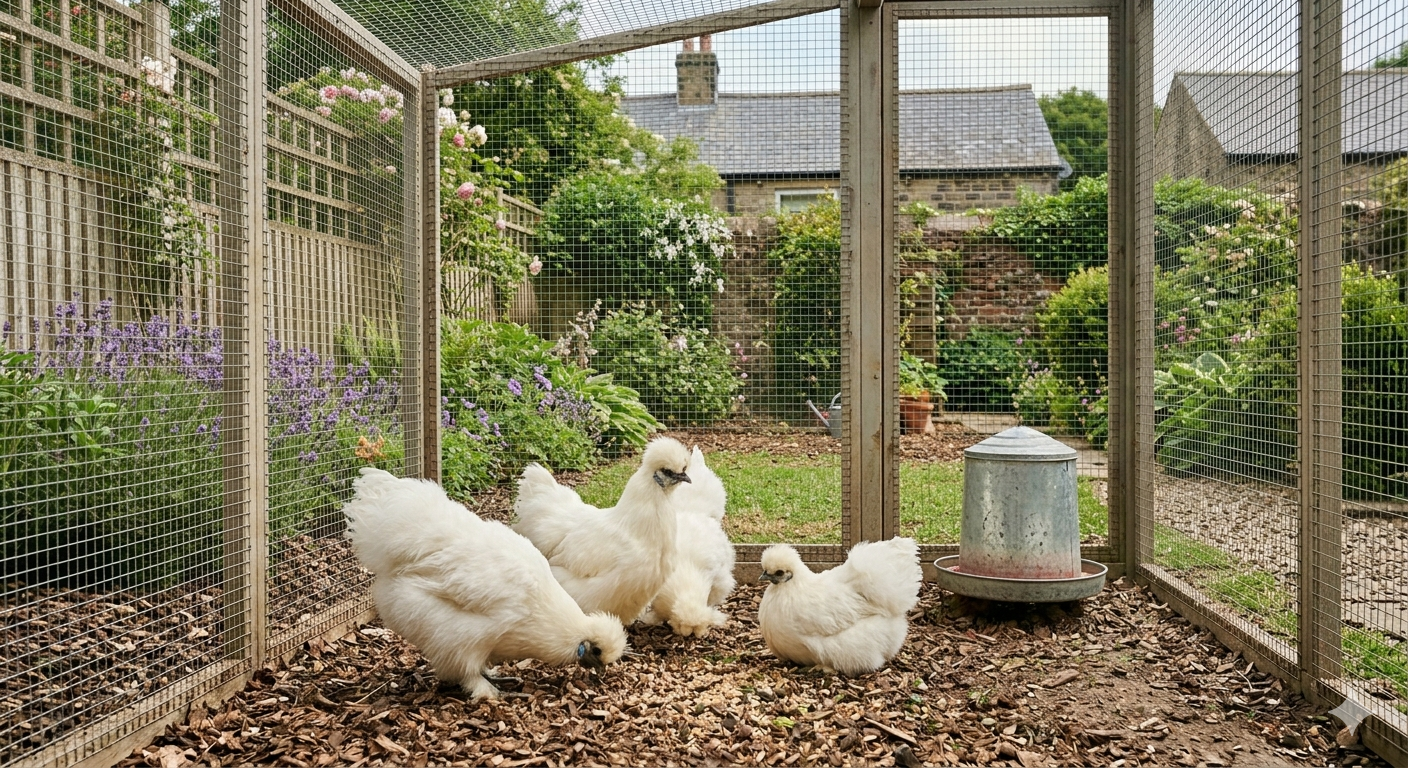 Bantam pros and cons - image of four white silkie bantams inside a coop in a UK garden