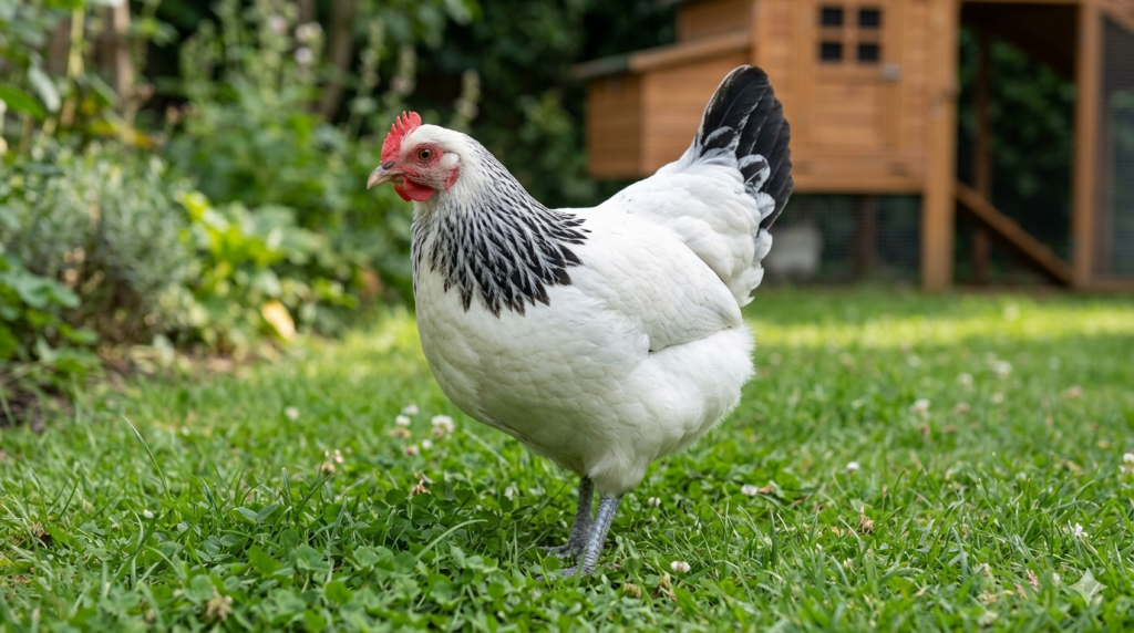 sussex bantam near its coop