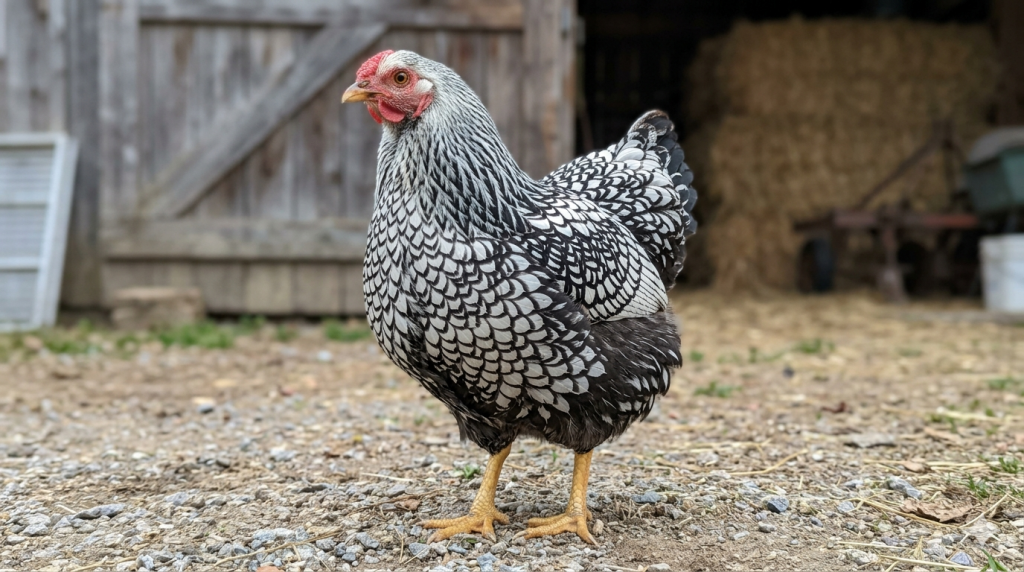 wyandotte bantam in a farmyard