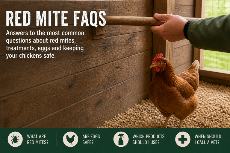 Red Mite FAQs header image. User infromation presented on a background showing a hen and a keeper inside a coop.