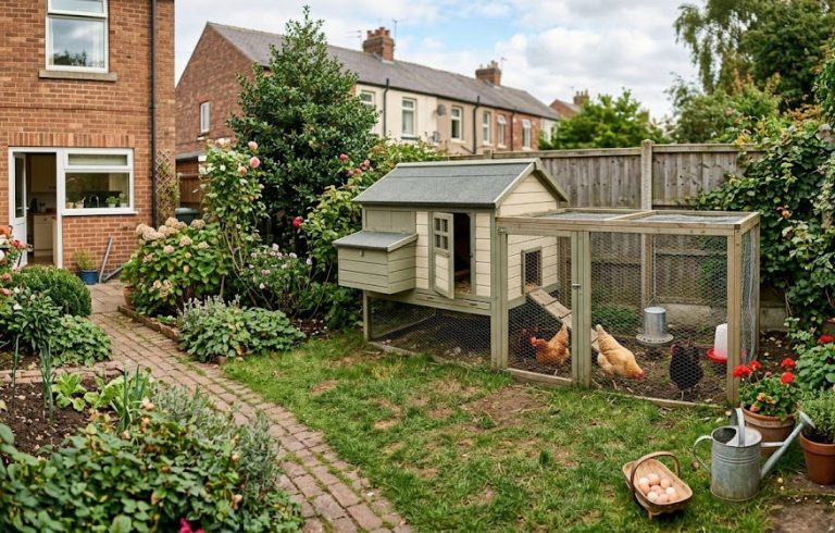 Best Chicken Coops For Small UK Gardens - Image of typical uk back grarden chicken keeping set up