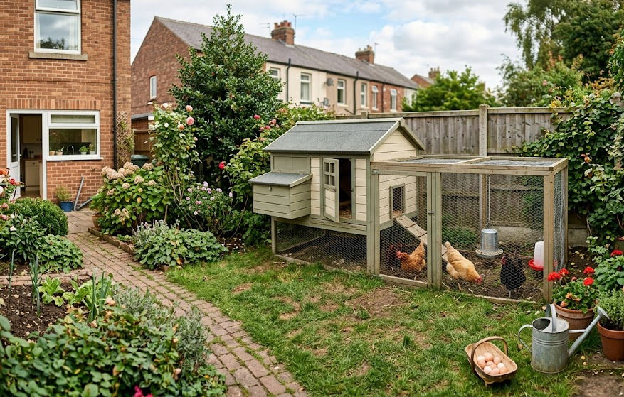 Best Chicken Coops For Small UK Gardens - Image of typical uk back grarden chicken keeping set up