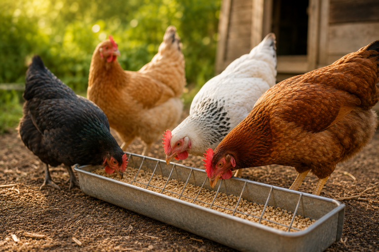 How much to feed chickens - image of four different types of hen eating daily feed portion from a feeder.