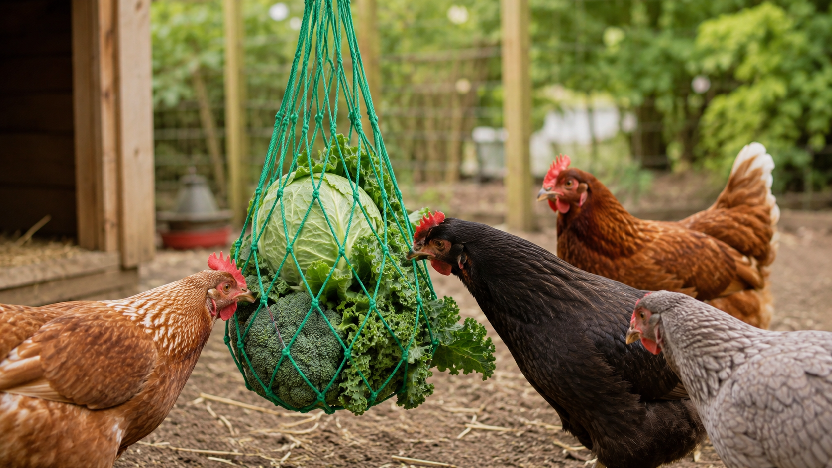 Safe treats for chickens - four hens pecking at a string bag filled with a variety of fresh vegeatables.