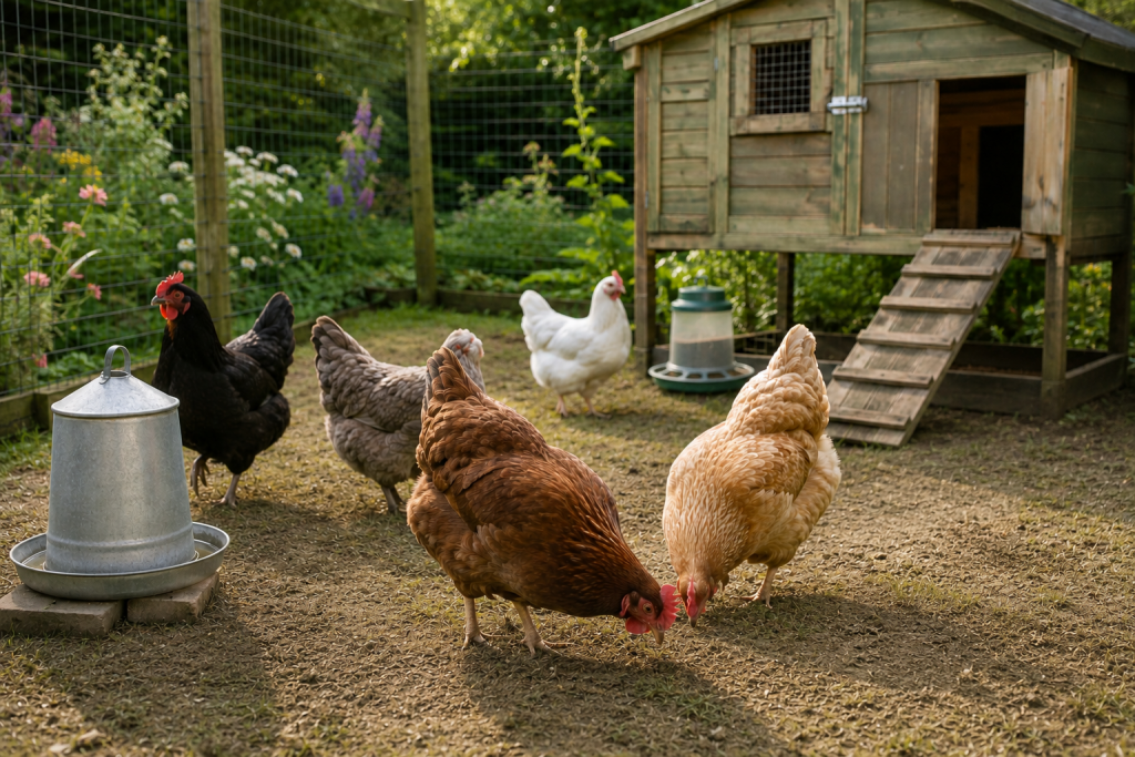 Chickens together with recomended chicken feeding products in a pen.