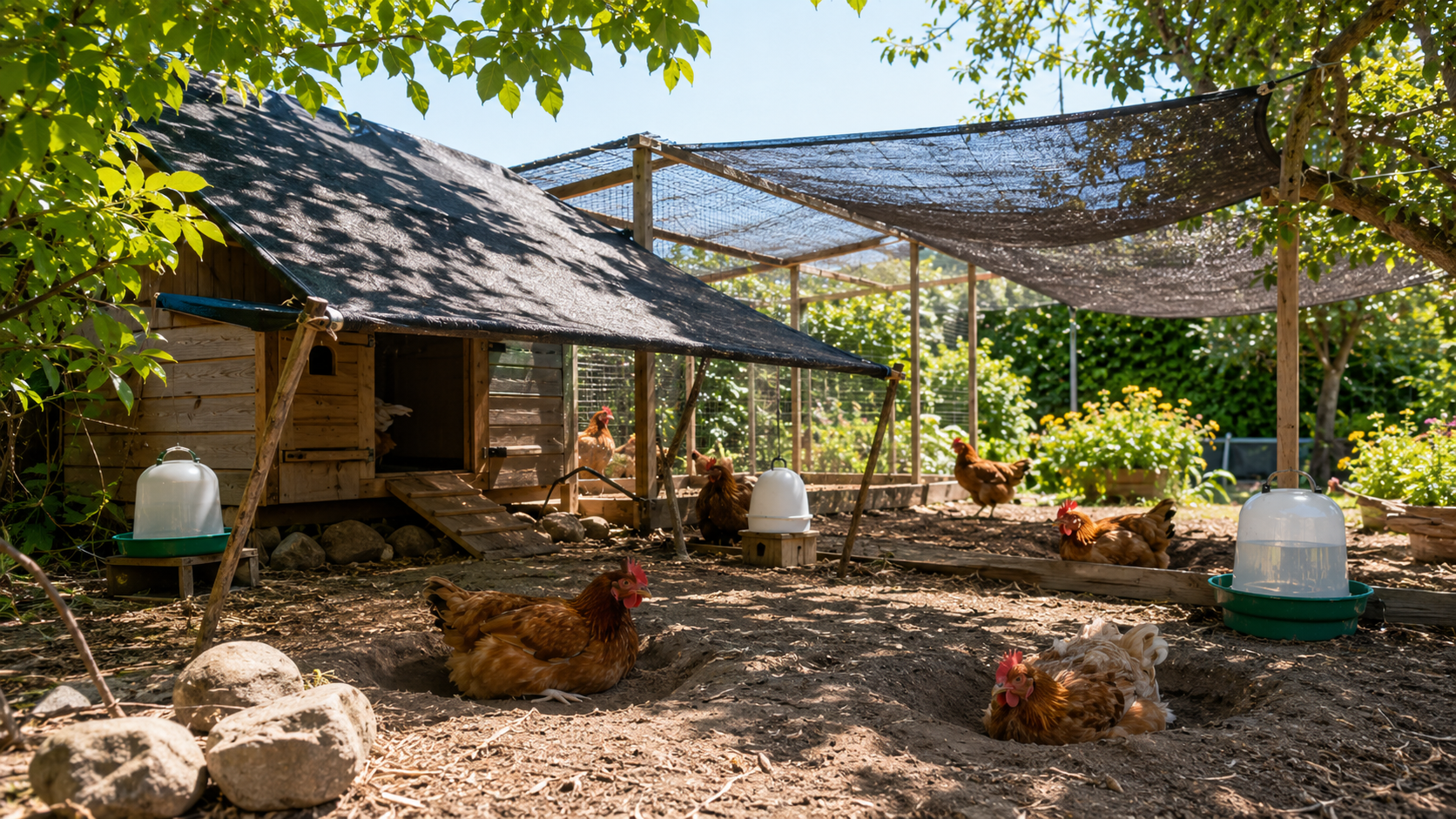 Image showing different ways of how to keep chickens safe during a heatwave. Shows hens in shade with lots of water.